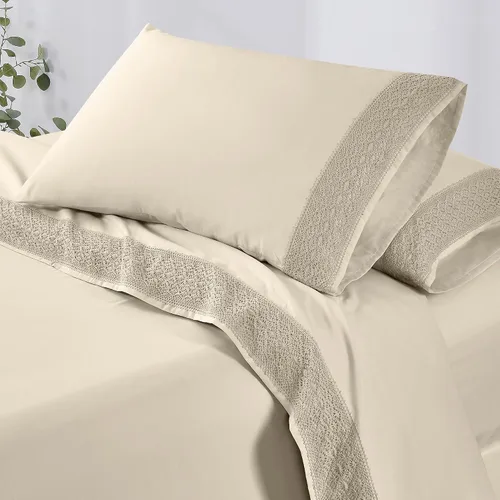 Vista 2 de Modern Threads - Sábanas de encaje de crochet de microfibra suave, sábanas de microfibra de lujo, incluye sábana encimera, sábana bajera con Beige