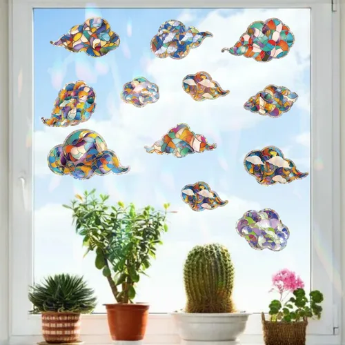 Vista 4 de 22 calcomanías para ventana para evitar golpes de pájaros, adhesivos anticolisión, calcomanías de ventana de reflejo de arco iris, calcomanías Nube