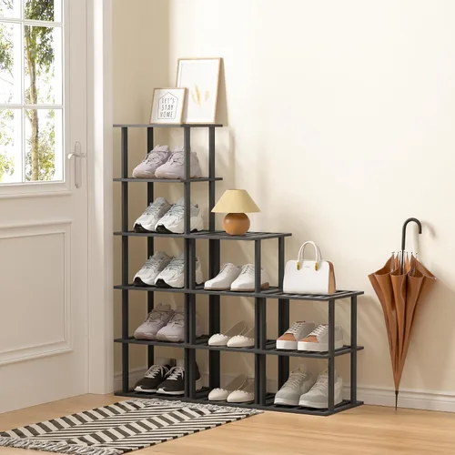 Vista 3 de SHIISEWE Zapatero de bambú para espacios pequeños, 6 niveles de alto, vertical, estrecho, para armario, apilable, soporte negro para almacenamiento