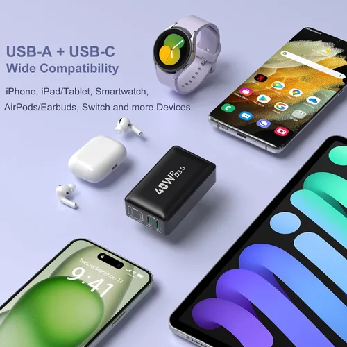 Vista 7 de Bloque de cargador plano USB C, enchufe de pared de carga rápida OKRAY 40W 4 puertos tipo C PD3.0&QC3.0 Multiport Charger Slim Travel Power
