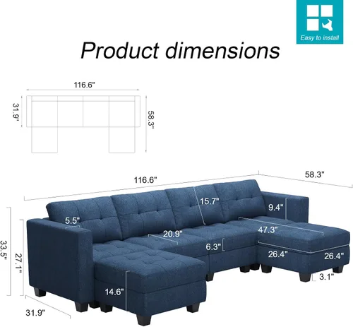 Vista 2 de Belffin Sofá modular modular en forma de U de almacenamiento reversible con tumbonas dobles, juego de sofá modular con tela otomana, color azul