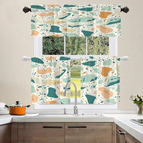 Vista 2 de Shrahala Abstract Colorful Blackout Curtain Tiers, Modern Ative Kitchen Valance Light Blocking Tier Drapes with Rod Pocket, 2 Pack 26 X 24 in
