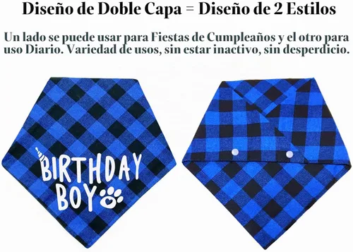 Vista 4 de AnF Bandana de Cumpleaños a Cuadros para Perro y Pañuelo Triangular para Perro - Algodón Suave, Doble Capa, Bandanas Lavables con Botón Ajustable