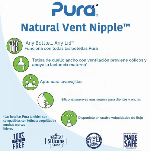 Vista 3 de Pura Pezón para biberón para bebé, 2 unidades, silicona de grado médico, anticólicos, flujo lento, sin BPA