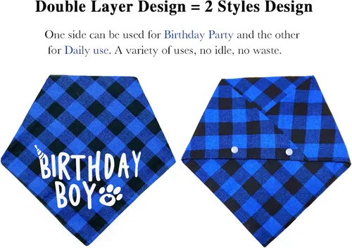 Vista 4 de AnF Bandana de Cumpleaños a Cuadros para Perro y Pañuelo Triangular para Perro - Algodón Suave, Doble Capa, Bandanas Lavables con Botón Ajustable