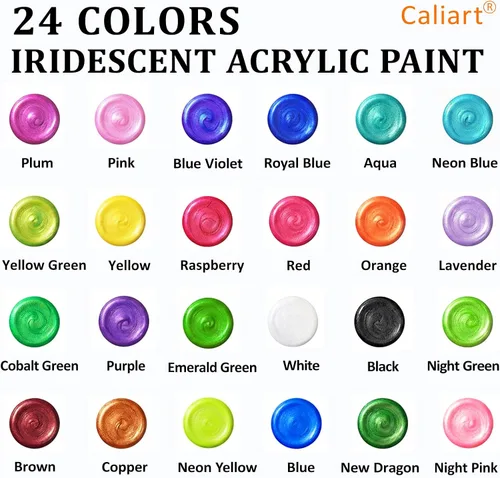 Vista 2 de Caliart - Juego de pintura acrílica iridiscente de 24 colores camaleón con 12 pinceles Craft Painting kit for Adults Artists Beginners, Rich
