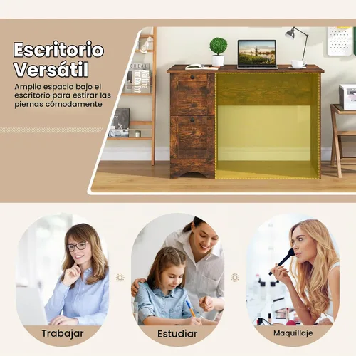 Vista 9 de Tangkula Escritorio para computadora con cajones y estación de carga, escritorio de madera para oficina en casa, escritorio para computadora Marrón