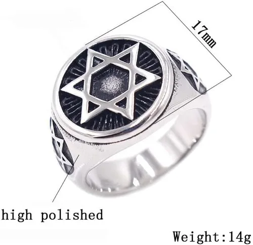 Vista 5 de Anillo de acero inoxidable para hombre, diseño de estrella de David con seis puntos, tamaño 7-13