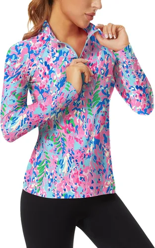 Vista 7 de WOWENY - Camiseta de manga larga con cremallera de 1/4 para mujer, con cuello, para hacer deporte, con estampado, para tenis Hoja multicolor.
