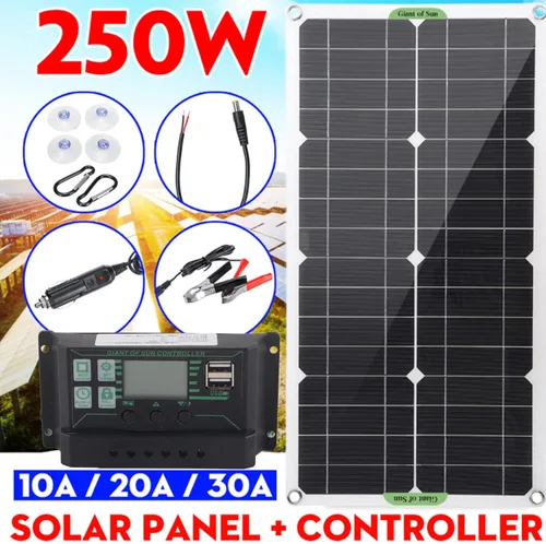 Vista 7 de Pilipane Cargador de batería solar de 250 W con controlador de carga de 10 A, kit de panel solar portátil, kit de panel solar monocristalino