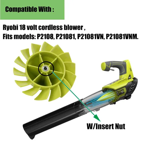 Vista 2 de Ventilador de soplador de hojas 529437004 Ryobi de repuesto 18 voltios soplador inalámbrico 529437003 529437001 P2108 P21081 P21081VN P21081VNM