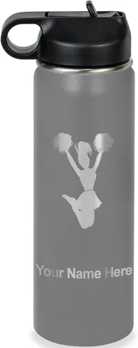 Vista 15 de LaserGram Botella de agua con tapa abatible de doble pared de 12 onzas con pajita, animadora, grabado personalizado incluido (negro)