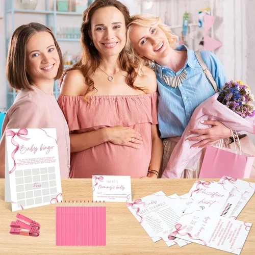 Vista 6 de Honoson 279 piezas de juegos de baby shower rosa con moño para 50 invitados, incluyen 8 juegos: Baby Shower Bingo, Price Is Right, Mommy or Daddy