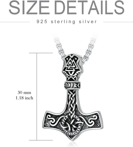 Vista 2 de Swordgod Thor Hammer Mjolnir Necklace for Men Women 925 Sterling Silver Viking Raven Odin Valknut Thor's Hammer Pendant Necklaces Norse Pagan Viking