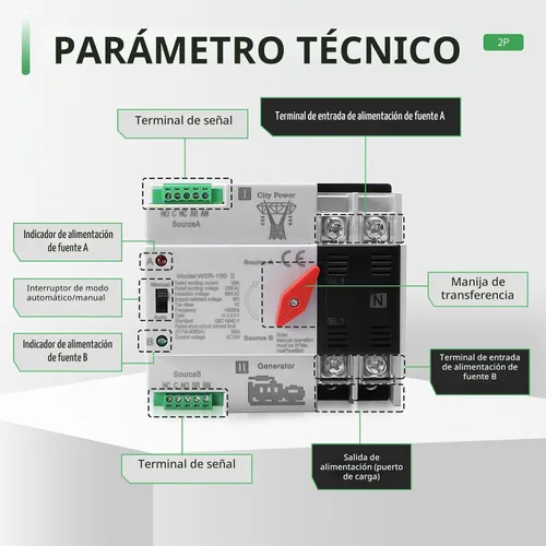 Vista 3 de 100Amp AC110V Interruptor de Transferencia Automático/Manual 2P 50/60Hz, 2POLE 100A Mini ATS Interruptor Solar Auto de Energía Dual para Generador