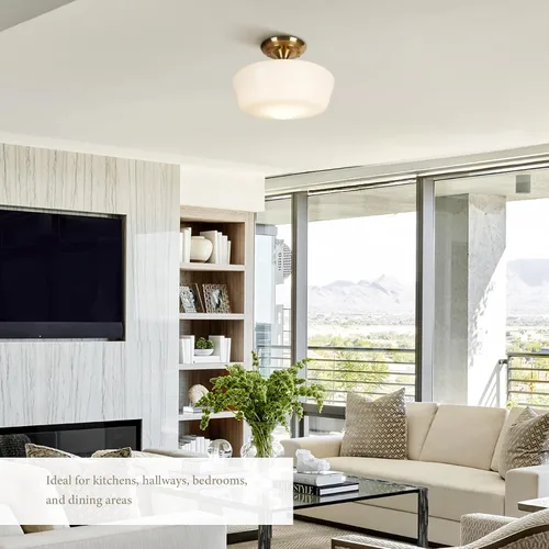 Vista 6 de Lámpara de techo estilo casa escolar semiempotrada con bombilla regulable y control remoto, lámpara de techo moderna dorada de 12" con pantalla