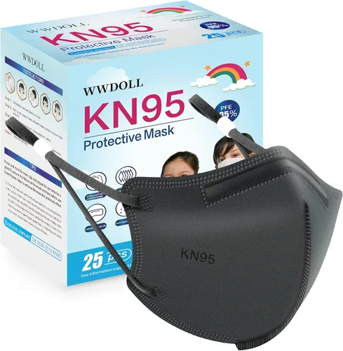 Vista 8 de WWDOLL Mascarillas KN95 para niños, paquete de 25 unidades, mascarillas KN95 transpirables de 5 capas para niños, color negro