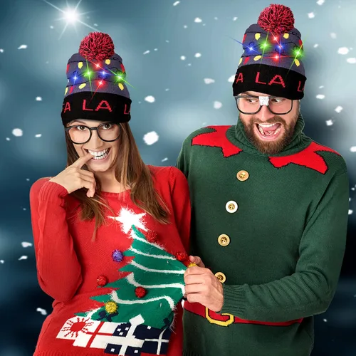 Vista 5 de Windy City Novelties Suéter feo de punto con luz LED, gorro navideño de Navidad, 3 modos intermitentes (FA LA LA), multicolor, Multi colorido