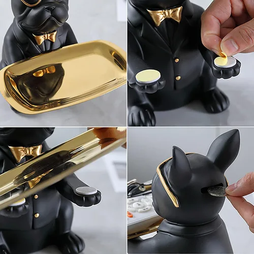 Vista 7 de Resin Bulldog Tray Statue Animal Sculpture Storage Bank Coin Dog French Table Home Candy for Decorations Home Decor Office Cute Butler Statues(Black)