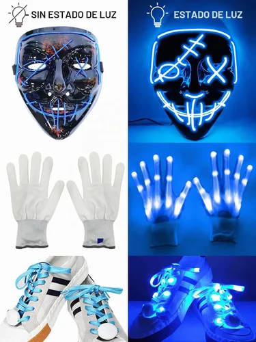 Vista 6 de LED Mask Gloves Shoelace Set, Red & Blue Halloween Costume Rave Cosplay Kit