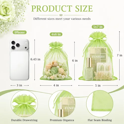 Vista 2 de FUNFERY 100 bolsas de organza transparente verde manzana de 4 x 6 pulgadas Manzana Verde (Apple Green)