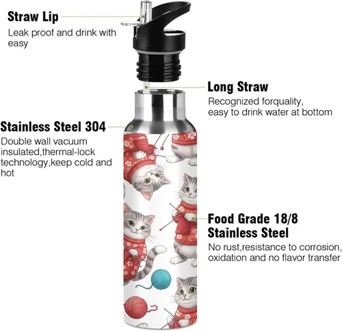 Vista 3 de Stainless Steel Water Bottle 32 Oz, Leakproof Water Bottles for Gym Outdoor Travel School, Gray White Cats Red Floral
