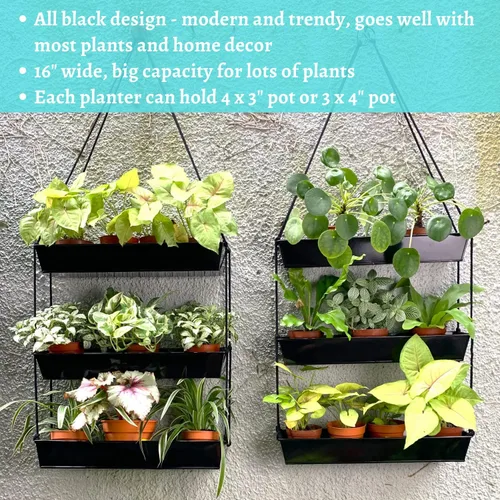 Vista 6 de LaLaGreen - Maceta escalonada de 16 pulgadas para plantas suculentas de interior, maceta rectangular moderna de metal negro de 3 niveles