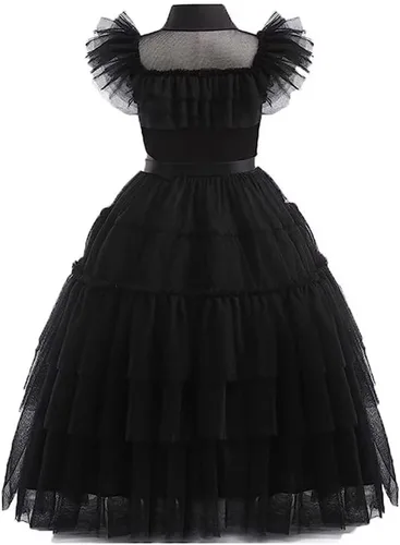 Vista 3 de Mordarli Vestido de disfraz negro para niñas con accesorios con peluca, guantes, calcetines y collar