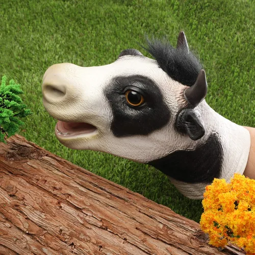 Vista 2 de Yolococa Marioneta de mano de vaca realista de látex suave juguete de animales narración de cuentos juego de rol suministros de fiesta para niños