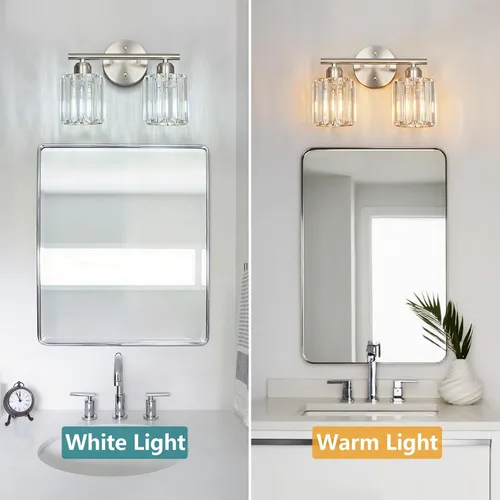Vista 2 de Moderna lámpara de tocador de cristal de 2 luces, lámpara vertical de baño de níquel cepillado sobre espejo para tocador y lavabo, compatible