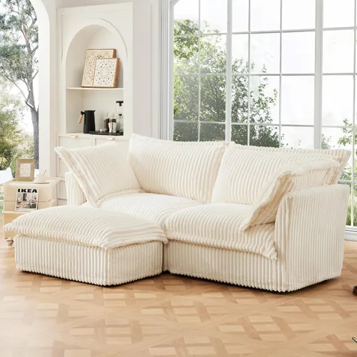 Vista 10 de KEIKI Sofá modular de pana de 83 pulgadas, cómodo juego de sofá nube blanco con 2 almohadas, moderno sofá de asiento con cojines profundos y suaves