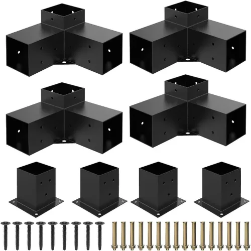 Vista 11 de JEXALINE Kit de pérgola de acero de aleación pesada con soportes en forma de T de 3 vías para madera de 4 x 4 pulgadas (real 3.6 x 3.6 pulgadas)
