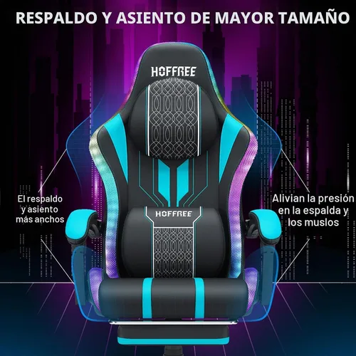 Vista 6 de HOFFREE Silla LED para juegos con altavoces, silla de computadora grande y alta con luces RGB, silla de juego Bluetooth con reposapiés, sillas