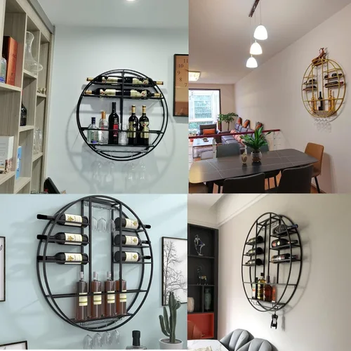 Vista 4 de Estante colgante para copas de vino montado en la pared, Estante para copas de vino para barra de cocina, soporte de exhibición redondo de la taza