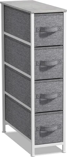 Vista 13 de Sorbus Cómoda estrecha con 4 cajones - cómoda de almacenamiento vertical delgada con marco de acero, parte superior de madera y contenedores de tela