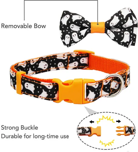 Vista 2 de Collar de perro de Halloween con corbatín, collar ajustable de vacaciones con estampado de fantasma con hebilla resistente, 3 tamaños para perros