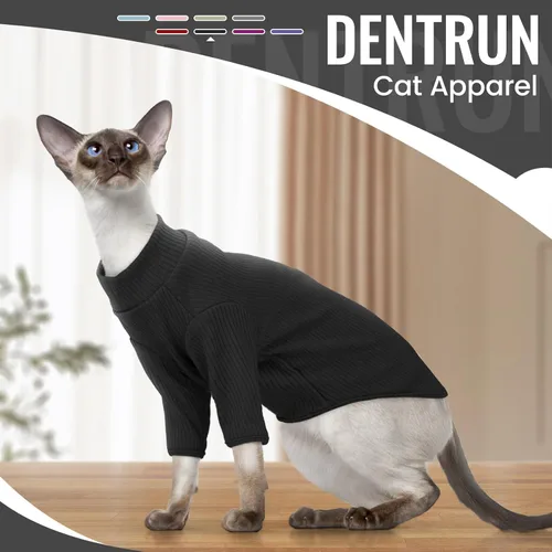 Vista 8 de DENTRUN Sphynx - Camisa de gatos sin pelo, camiseta de gatito, transpirable, cuello alto, adorable ropa de gato, chaleco de pijama Negro