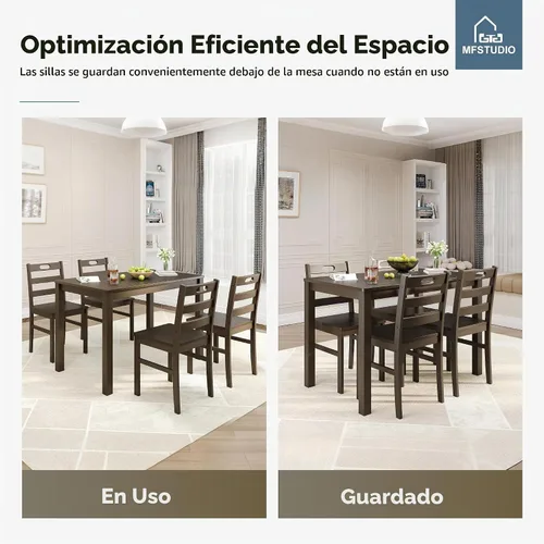 Vista 7 de MFSTUDIO Juego de 4 sillas de mesa de cocina de 5 piezas, juego de mesa de comedor de madera para 4, juego de mesa de comedor de granja que ahorra