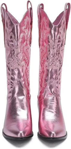 Vista 2 de CATISDRA Botas vintage para mujer, botas vaqueras salvajes occidentales, punta puntiaguda, tacón grueso, botas bordadas brillantes