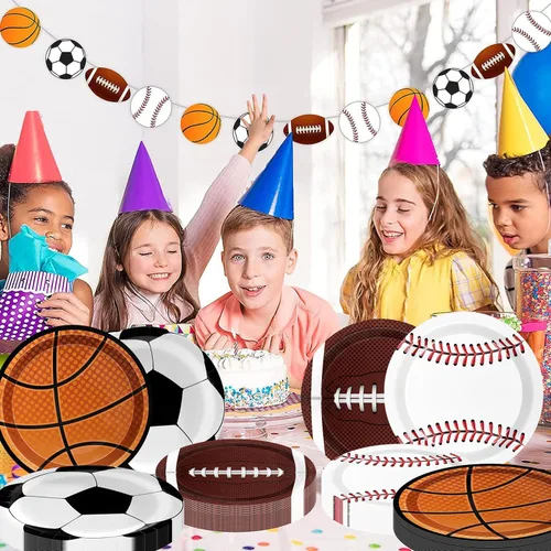 Vista 5 de Decoraciones deportivas para fiestas de cumpleaños, 80 unidades, platos y servilletas para fiestas deportivas, béisbol, fútbol, baloncesto, rugby