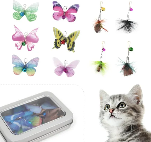 Vista 9 de SONGWAY Cat Teaser Wand Toy – Juego de 10 piezas de juguete de plumas de insectos y gatos con varita retráctil y recambios de plumas con campana