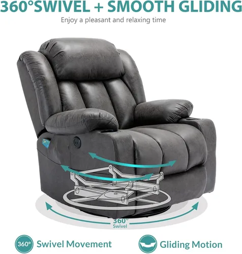 Vista 3 de MEETWARM Massage Swivel Rocker Recliner with Heat and Vibration, Manual Glider Rocking Recliner Chair, 360°Swivel Lounge Reclining Chair with Cup