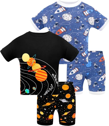 Vista 21 de DAUGHTER QUEEN - Pijama para niños de 4 piezas, conjunto corto 100 % algodón, talla 18 meses-12 años Soft, Breathable, Lightweight, Comfortable