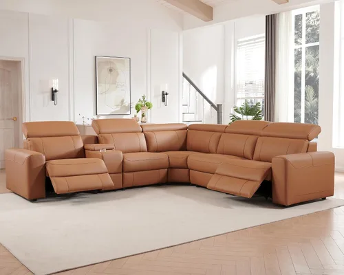 Vista 11 de Sofá Reclinable Eléctrico AMERLIFE, Sofá Reclinable con Consola y Reclinación Dual, Sofá Seccional de Cuero para Sala de Estar, Beige Marrón