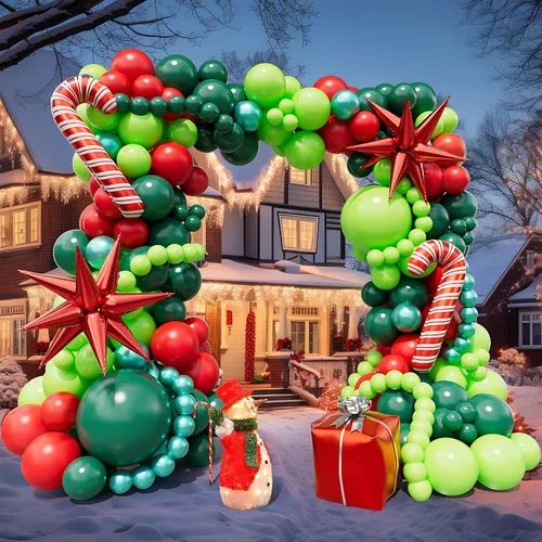 Vista 6 de Kit de arco de guirnalda de globos de Navidad de 183 piezas con globos rojos de Navidad, lima, verde oscuro, verde metálico, globos de papel