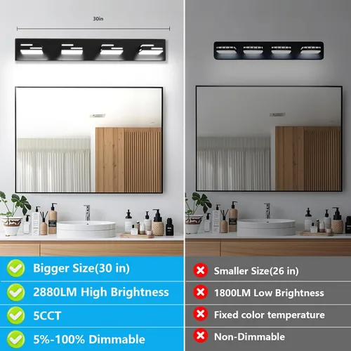 Vista 8 de IZORRO Moderna lámpara LED de tocador de baño (30 pulgadas, 4 luces, 5 CCT, regulable), luces de tocador negras mate para accesorios de iluminación