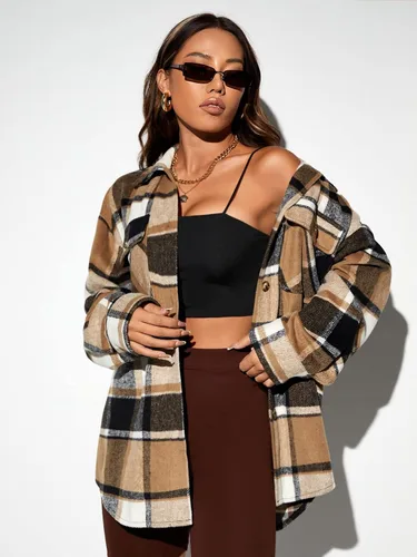 Vista 4 de RMLYUSR Abrigos para mujer de invierno con estampado a cuadros y hombros caídos, abrigo para mujer (color multicolor, tamaño L)
