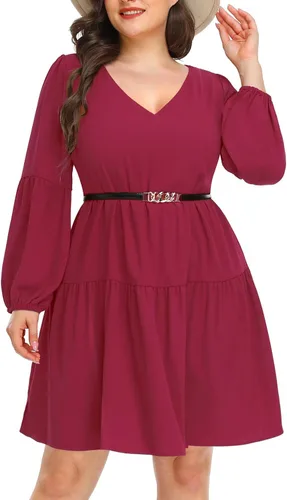 Vista 3 de Pinup Fashion Vestido tipo túnica de otoño para mujer, talla grande, manga larga, cuello en V, casual, holgado, con volantes