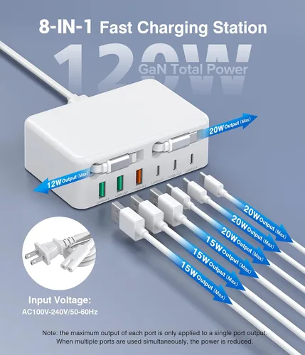 Vista 2 de Bloque de Carga USB C Retráctil 8-en-1 Mejorado, Hub de Estación de Carga Múltiple GaN de 120W con Cable Lightning y Tipo C, Enchufe de Tira