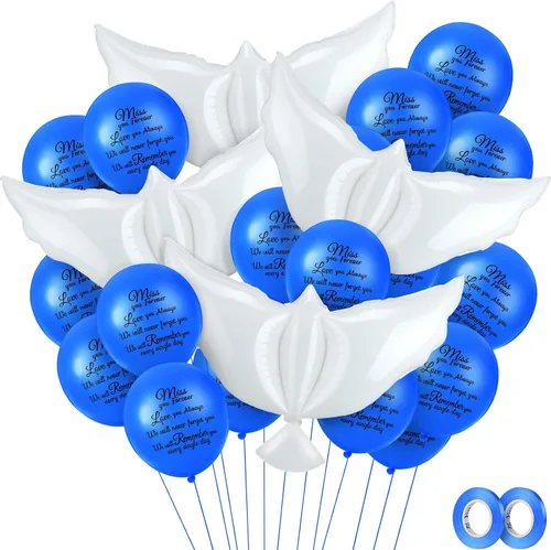 Vista 9 de Skylety 36 globos conmemorativos con 4 globos de paloma de la paz para liberar en recuerdo del cielo, decoraciones de helio para funerales, Negro